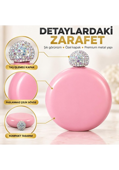 Lüks Taş İşlemeli Renkli Paslanmaz Çelik İçki Matarası 5 Oz 150 Ml. Cep Çanta Kamp Outdoor Hediyelik Pembe
