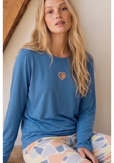 Siyah İnci Mavi Desenli Nakışlı Viskon Örme Pijama Takım 26224636