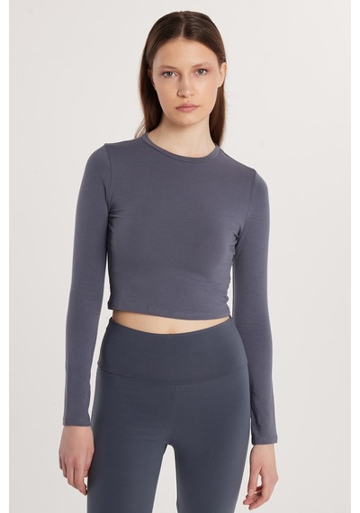 Tudors Kadın Slim Fit Pamuklu Düz Bisiklet Yaka Antrasit Bluz-33732 Antrasit
