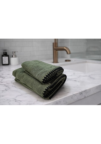 Siyah İstiridye Dikişli %100 Pamuk Yumuşak Dokulu Yüksek Su Emici 2'li Banyo Havlu Seti 50x90-70x130 Haki