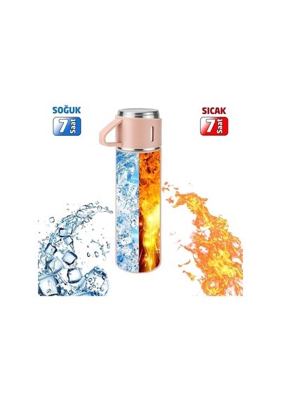 6006 Kupa Bardaklı Paslanmaz Çelik Termos Seti 500 Ml - Pembe Çok Renkli