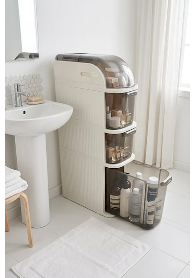 Xl Portatif Dolap Çok Amaçlı Tekerlekli Banyo Dolabı Şeffaf Kapaklı Düzenleyici Organizer Krem