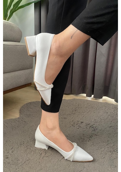 Kadın Valeri Beyaz Çapraz Taşlı Stiletto Alcak Ökçe Abiye Ayakkabı-beyaz