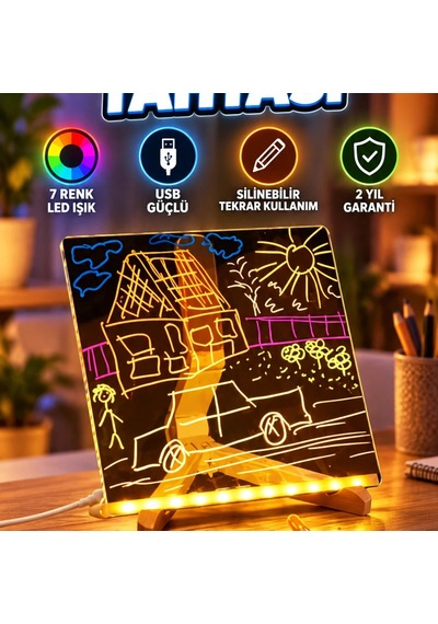 Usb Led Işıklı 7 Renkli Kalemli Akrilik Çizim Ve Yazı Panosu