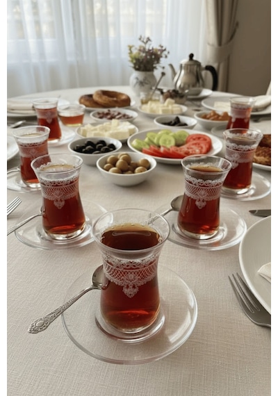 Imperial Model Desenli Şeffaf Cam Çay Seti 12 Parça Çay Takımı Şeffaf