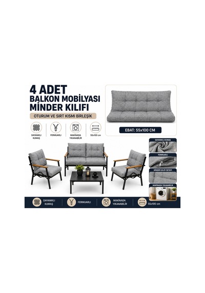Doruk Home Doruk Bahçe Mobilyası Minderi 55x110cm 4 Adet Balkon Mobilyası Minder Kılıfı Gri
