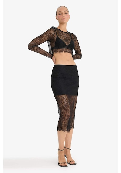 DeFacto Slim Fit Dar Kesim Astarlı Midi Dantelli Etek E0465AX24AUBK81 Siyah