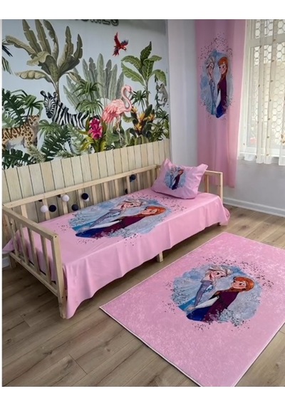 Pembe Elsa Anna Çizim Çocuk Odası Yatak Örtüsü Yastık Kılıfı