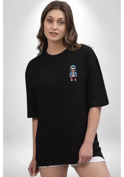 Hiphop Kurukafa Hoodie Siyah Oversize Unisex Ön Sol Yan Minimal Baskılı Tişört Koyu Siyah
