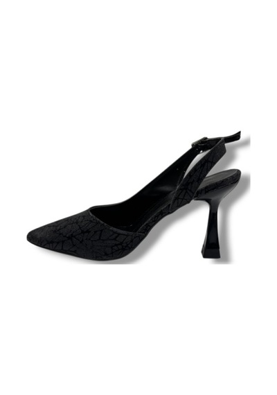 Mengi 685-26 Parlak Simli Saten İnce Topuk Arkası Açık Kadın Stiletto 9cm Siyah