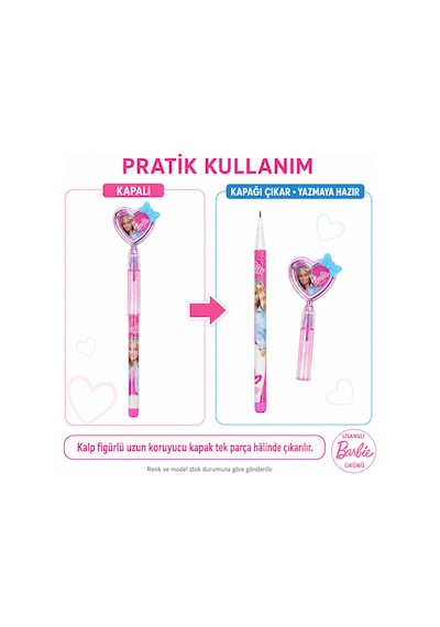Bakgelal Barbie Lisanslı Silgili Geçmeli Kalem Kalp Başlıklı Figürlü Çocuk Okul Kalemi - 9053880899579 124-Pembe