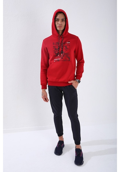 Tommy Life Kırmızı Kamuflaj Desen Baskılı Standart Kalıp Kapüşonlu Erkek Sweatshirt - 87884 Kırmızı