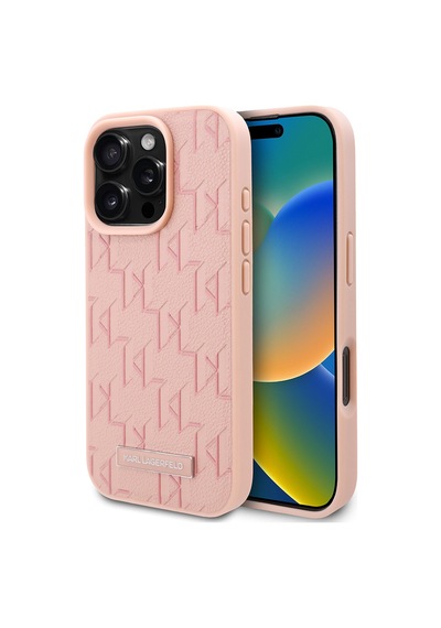 Apple Uyumlu iPhone  16 Pro Max Kılıf Karl Lagerfeld Lisanslı Magsafe Özellikli Kl Yazılı Hot Stamp Pembe