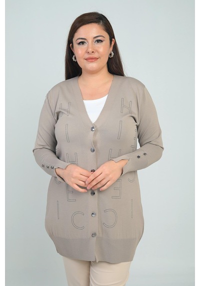 By Saygı Kadın Kolları Düğme Detaylı Taş Harf Baskılı Soğuk İplik Büyük Beden Hırka-41813 Vizon By Saygı Kadın Kolları Düğme Detaylı Taş Harf Baskılı Soğuk İplik Büyük Beden Hırka-41813 Vizon