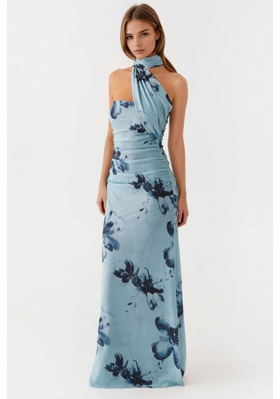 Hiccup Straplez Desenli Bodycon Maxi Tül Elbise Mavi