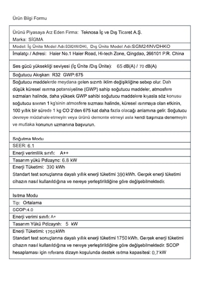 Sigma SGM24INVDHK Comfort 24.000 BTU/H R32 Inverter Klima