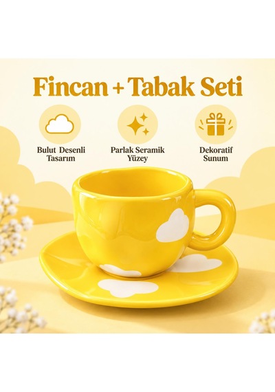 Valkyrie Bulut Desenli Sarı Çay Ve Kahve Fincanı Ve Tabağı Seramik Şık Sunum Seti Sarı