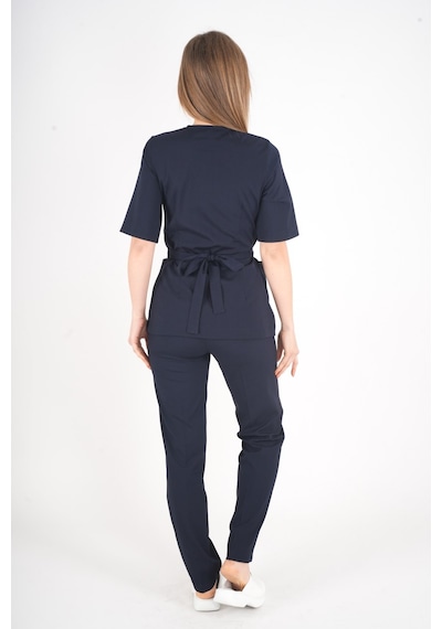 Lacivert Elegant Model Cerrahi Üniforma Belden Bağlamalı Scrubs Takım Lacivert