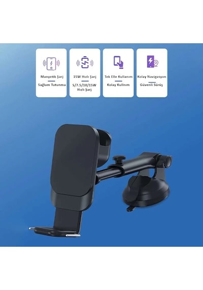 Ally Wireless Şarjlı 3in1 Torpido Üstü Ve Havalandırma Telefon Kulaklık Saat Tutucu- 5775 Siyah
