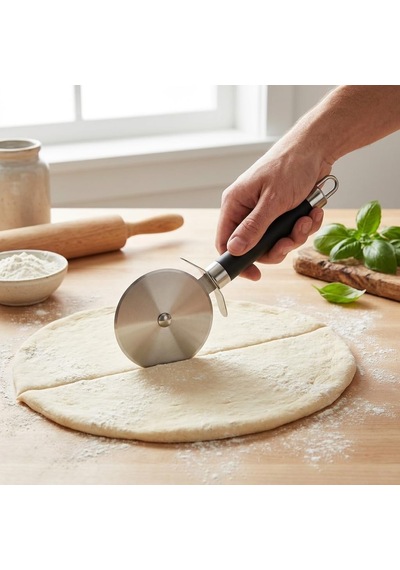 Büyük Boy Siyah Hamur Pizza Kesme Ruleti, Paslanmaz Çelik Diskli Pizza Dilimleyici, Ergonomik Saplı Hamur Börek Pasta Lavaş Kesme Aparatı, Askı Delikli Mutfak Kesici