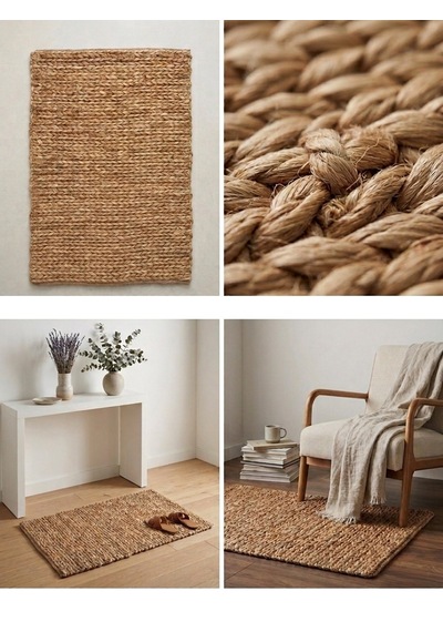 Hbs Art Design Doğal Dokuma Jüt Halı - El Örgüsü Dekoratif Hasır Kilim Açık Kahverengi