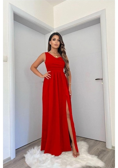Store Saten Tek Elbise Omuz Kumaş Abiye Mor - 935895000 Mor
