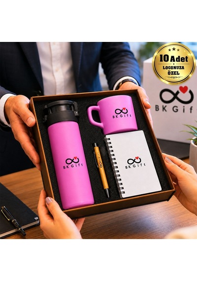 Logonuza Özel 10 Adet Ahşap Kutulu Pembe Kurumsal Hediye Seti Cam Suluk, Seramik Fincan, Defter Ve Kalemli Promosyon Seti