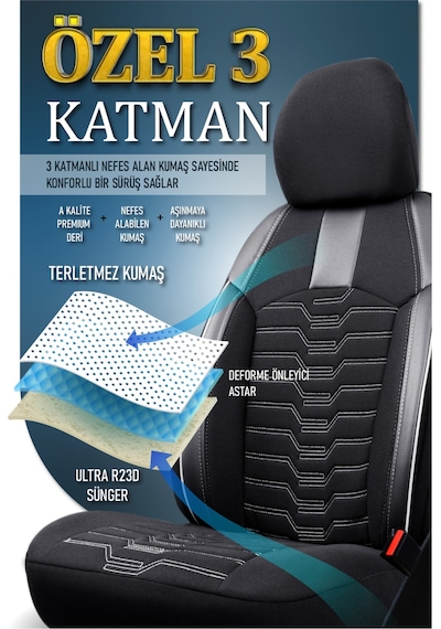 Renault Kangoo E-tech 2+1 Deri Detaylı Oto Koltuk Kılıfı Ön Arka Set Siyah Beyaz Platinium Model Fs