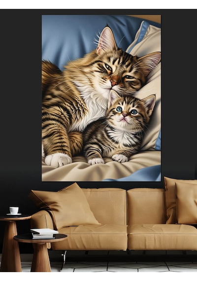 Ahşap Tablo Uyuyan Sevimli Kedi Dostlar