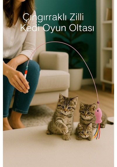 Balıklı Kedi Oyun Oltası Püsküllü 90 Cm Çıngırak Zilli Balıklı Oyun Oltası 90 Cm Çok Renkli - 874008684