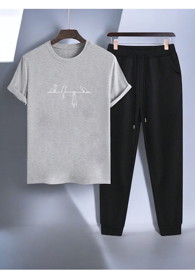 Uyguntarz Unisex Yaramazlık Yapan Kediler Tasarım Basklı Tshirt Eşofman Takımı Gri