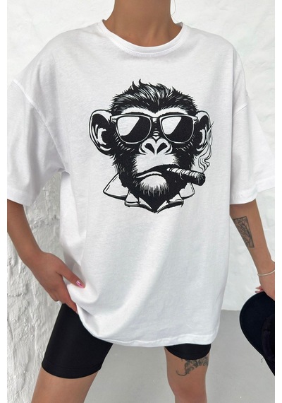 Technomonkey Unisex Beyaz Oversize Techno Maymun Baskılı Tişört