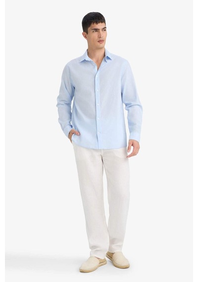 Defacto Regular Fit Polo Yaka Keten Karışımlı Yazlık Uzun Kollu Gömlek E0518ax25smbe656 Mavi