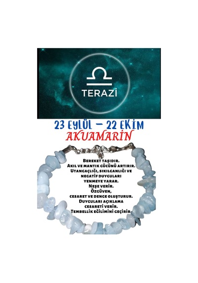 Gümüştel El Sanatları Sertifikalı Burç Taşı Terazi Burcu Akuamarin Taşı Bileklik Çok Renkli