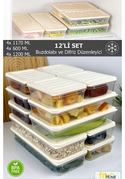12 Adet Fitbox Saklama Kabı Buzdolabı Ve Buzluk Düzenleyici Hava Geçirmez Set Gri Kapak