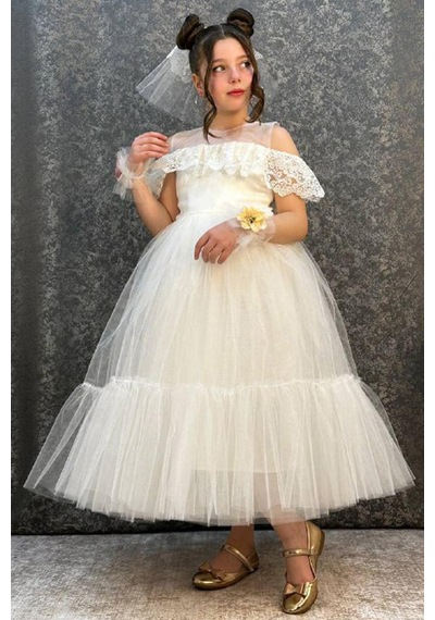 Riccotarz Kız Çocuk Toka ve Bileklerinde Gül Detaylı Beyaz Abiye 6-9 Yaş 2231901006 Beyaz