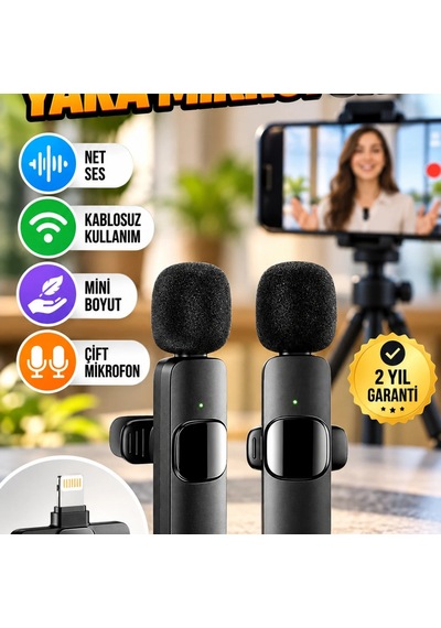 İphone Uyumlu Çift Mikrofonlu Kablosuz Yaka Mikrofonu Kayıt Seti Mini Kablosuz Ses Sistemi