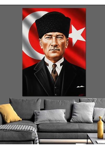 Ahşap Tablo Bayrak Önünde Atatürk Portresi