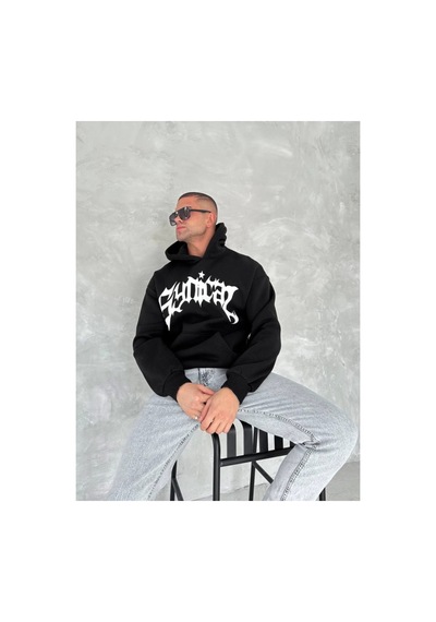 Butik İstanbul Unisex Üç İplik Kapşonlu Baskılı Sweatshirt - Siyah