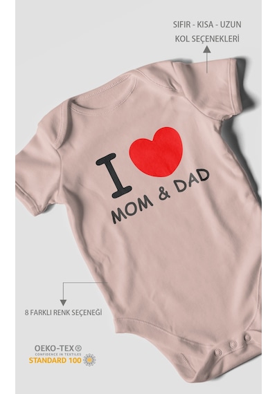 I Love Mom And Dad Baskılı Bebek Zıbını Çıtçıtlı Body %100 Pamuk Kısa Kol Pastel Pembe