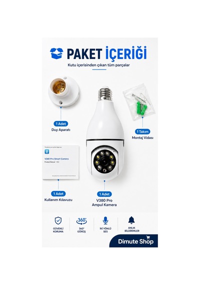 V380 Pro Ampul Kamera 360 Wifi Güvenlik Kamerası Gece Görüşlü Hareket Sensörlü - 888554929