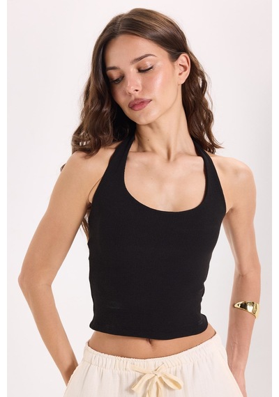 Tudors Kadın Slim Fit Dar Kesim Pamuklu Halter Yaka Kaşkorse Siyah Crop-50709