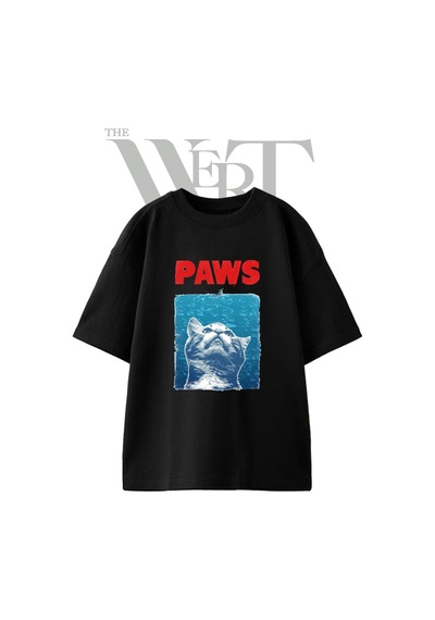 Thewert Paws Cat Tasarım Baskılı Ünisex Siyah Oversize T-shirt