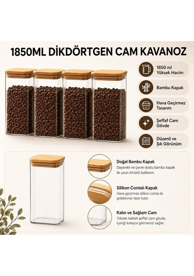 4'lü 1850 Ml Dikdörtgen Cam Kavanoz Seti, Bambu Kapaklı Hava Geçirmez Erzak Saklama Kabı, Makarna Kahve Bakliyat Ve Genel