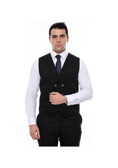Wessi Kareli Desenli Kruvaze Yakalı Siyah Erkek Yelek 001