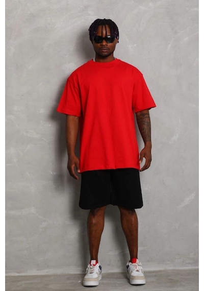 Erkek Düz Yazlık Kısa Kol Tişört Bisiklet Yaka Oversize T-shirt - Kırmızı