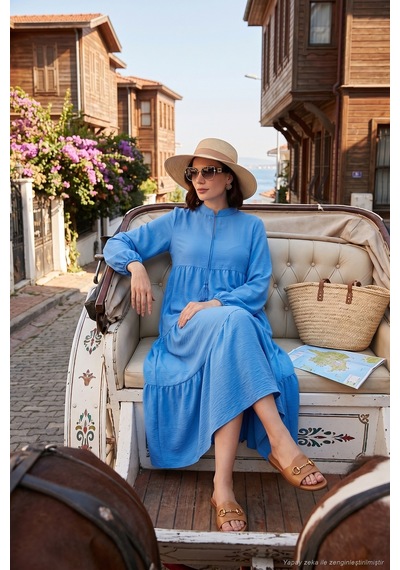 Lela Modest Regular Fit Dik Yaka Uzun Bayan Elbise 611El545 Açık Mavi