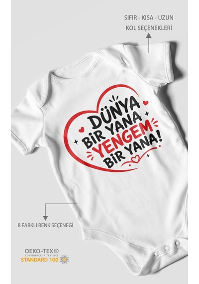 Morivokids Dünya Bir Yana Yengem Bir Yana Kısa Kollu Bebek Body %100 Pamuk Beyaz
