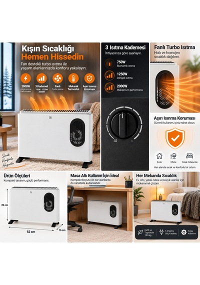 2000W Fanlı Konvektör Isıtıcı 3 Kademeli Turbo Elektrikli Isıtıcı Mekanik Termostatlı