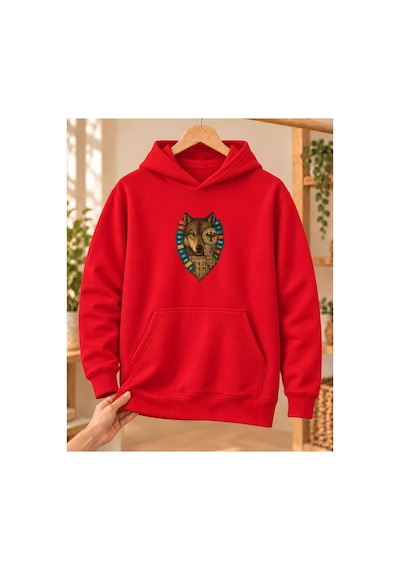 Mor Mürekkep Kadın Bozkurt Türk Bayrakları Ve Semboller Baskılı Kapüşonlu Sweatshirt - Kırmızı
